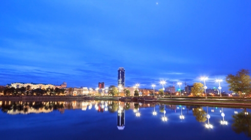 Sunrise on the waterfront. Ekaterinburg, Russia. Time Lapse