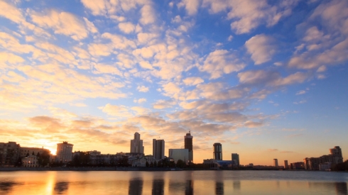 Sunset on the waterfront. Ekaterinburg, Russia. Time Lapse
